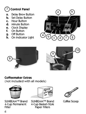 Page 6SUNBEAM™ Brand 
4-Cup Permanent 
FilterSUNBEAM™ Brand 
4-Cup Basket-Style  Paper Filters Coffee Scoop
a.  
Delay Brew Button
b.   Set Delay Button
c.   Hour Button
d.   Minute Button
e.   Clock Display
f.   On Button
g.   Off Button
h.   On Indicator Light
6
7
7 Control Panel
Coffeemaker Extras
(not included with all models)
TM
8
9
10
COFFEEMAKER FEATURES AND BENEFITS
Your new SUNBEAM™ coffeemaker has the following 
features:
•   Brewing Capacity – 5 cups
•  Brew Basket with Removable Filter Basket –...