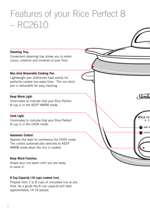 Page 64
Steaming Tray.
Convenient steaming tray allows you to retain
colour, vitamins and minerals of your food. 
Non-stick Removable Cooking Pan.
Lightweight pan distributes heat evenly for
perfectly cooked rice every time.  The non-stick
pan is removable for easy cleaning.
Keep Warm Light.
Illuminates to indicate that your Rice Perfect 
8 cup is in the KEEP WARM mode.
Cook Light.
Illuminates to indicate that your Rice Perfect 
8 cup is in the COOK mode.
Automatic Control.
Depress the lever to commence the...