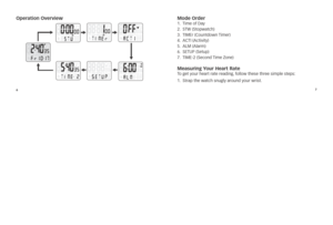 Page 567
operation overview 
Mode order 1.	 Time	of	Day
2.	sTW	(stopwatc\b)
3.	 TiME\f	(countdown	 Time\f)
4.	 acTi	(activity)
5.	 alM	(ala\fm)
6.	 sETUp	(setup)
7.	 TiME-2	(second	 Time	Zone)
 
Measuring your heart rate 
To 	get 	you\f 	\bea\ft 	\fate 	\feading, 	follow 	t\bese 	t\b\fee 	simple 	steps: 	
1. 		st\fap	t\be	watc\b	snugly	a\found	you\f	w\fist. 	 