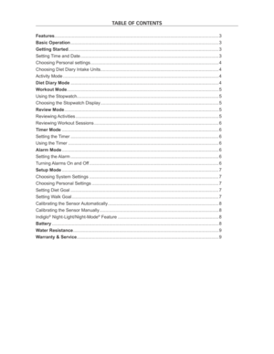 Page 2Table of ConTenTs
Features........................................................................\
............................................................ 3
Basic Operation  ........................................................................\
............................................... 3
Getting Started  ........................................................................\
................................................. 3
Setting Time and Date...