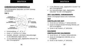 Page 128•    9UhrZifferblatt zeigt „abgelaufene Stunden“ für
den Chronographen
•     Der Sekundenzeiger zeigt „abgelaufene
Sekunden“ für den Chronographen
ZEIT, KALENDER, CHRONOGRAPH Dieser Chronograph besitzt drei Funktionen:ZEIT
EINSTELLEN DER ZEIT:
1)   Krone bis zur Stellung „C“ HERAUSZIEHEN
2)   Krone in entsprechende Richtung DREHEN\b um Zeit zu korrigieren
3)   Krone in die Position „A“ DRÜCKEN.
KALENDER
EINSTELLEN DES KALENDERS:
1)   Krone bis zur „B“Position HERAUSZIEHEN
2)   Krone im Uhrzeigersinn...