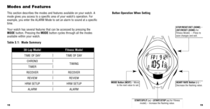 Page 1119
18
STOP/RESET/SET (DONE) –
(SET/RESET (DONE) for
Fitness Model) – Press to
save changes and exit.
Button Operation When Setting
MODE Button (NEXT) – Move
to the next value to set.HEART RATE Button (–) –
Decrease the ﬂashing value.
START/SPLIT (+) -  (START/STOP (+)for Fitness
model) – Increase the ﬂashing value.
Modes and Features 
This section describes the modes and features available on your watch. A\
mode gives you access to a speciﬁc area of your watch’s operation. For
example, you enter the...