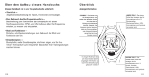 Page 139111
Überblick
Anzeigeinformation
OBERE ZEILE - Das obere
Drittel der Anzeige, das für
Informationen wie z. B.
Rundenzeiten,
Wochentag/Datum, HFM-
Informationen und Symbole
verwendet wird.
In einigen Modi kann die auf diesen beiden Zeilen
angezeigte Information ja nach Ihren Einstellungen getauscht werden.UNTERE ZEILE - Die
unteren zwei Drittel der
Anzeige, die für
Informationen wie z. B.
Uhrzeit, Runden-
/Zwischenzeit, HFM-
Informationen und Symbole
verwendet wird.
SYMBOLE  - Erscheinen um
die Anzeige...