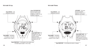 Page 167167
SET/RESET - De timing-
functie terugstellen;
ingedrukt houden om te
beginnen met instellen.
Het model Fitness
Knop HEART RATE  – De
hartslagmonitor aan- of
uitzetten; de plaats van
HRM-gegevens veranderen
wanneer de hartslagmonitor
aan staat.
Knop START/STOP  –De timingfunctie starten of stoppen.
Knop INDIGLO®– De
wijzerplaat verlichten.
Knop MODE – Indrukken
en loslaten om naar de
volgende modus te gaan.
166
Het model 30-Lap
Knop STOP/RESET/SET  -
De chronograaf of timer
stoppen of terugstellen;...