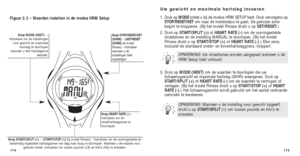 Page 171175
Uw gewicht en maximale hartslag invoeren
1. Druk op MODE totdat u bij de modus HRM SETUP bent. Druk vervolgens op
STOP/RESET/SET om naar de instelstatus te gaan. De gekozen zone
begint te knipperen. (Bij het model Fitness drukt u op SET/RESET.)
2. Druk op  START/SPLIT (+) of HEART RATE (-) om de vooringestelde
streefzones en de instelling MANUAL te doorlopen. (Bij het model
Fitness drukt u op  START/STOP (+)of HEART RATE (-).) Elke zone,
inclusief de standaard onder- en bovenhartslaggrens, knippert....