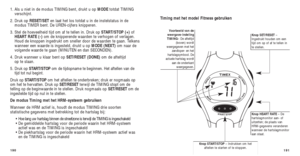 Page 179191
Knop SET/RESET–
Ingedrukt houden om een
tijd om op of af te tellen in
te stellen.
T iming met het model Fitness gebruiken
Knop HEART RATE  – De
hartslagmonitor aan- of
uitzetten; de plaats van
HRM-gegevens veranderen
wanneer de hartslagmonitor
aan staat. 
Knop START/STOP – Indrukken om het
aftellen te starten of te stoppen.
V oorbeeld van de
weergave-indeling
TIMING–  De afteltijd
(boven) wordt
weergegeven met het zandloper- en het
hartslagsymbool. De
actuele hartslag wordt aan de...