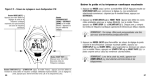 Page 3567
Entrer le poids et la fréquence cardiaque maximale
1. Appuyez sur MODEjusquà arriver au mode HRM SETUP. Appuyez ensuite sur
STOP/RESET/SET  pour commencer le réglage. La zone actuellement
sélectionnée commence à clignoter (sur le modèle Fitness, a\
ppuyez sur
SET/RESET).
2. Appuyez sur  START/SPLIT (+) ou HEART RATE (-) pour faire déﬁler les zones
cibles préétablies ainsi que le réglage MANUAL (sur le modè\
le Fitness,
appuyez sur START/STOP (+) ou HEART RATE (-)). Chaque zone, y compris
les limites...