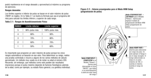 Page 60117
Botón START/SPLIT –(START/STOP en el
Modelo Fitness) - Oprima para
intercambiar el icono ON/OFF, que indica
si se activó/desactivó
la alerta de estar fuera del rango.
Figura 2.2– Valores preasignados para el Modo HRM Setup
(programación de pulso)
Botón STOP/RESET/SET  –
( SET/RESET para el Modelo
Fitness) - Oprima para
ingresar el estado de
programación del Modo HRM
Setup (programación de
pulso).
Botón HEART RATE –
Oprima para seleccionar
un rango de pulso. En
este ejemplo el Rango 3
es el rango...