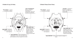 Page 865
SET/RESET - Restabelece a
função de contagem do
tempo; segure para iniciar a
programação.
O Modelo Fitness (Forma Física)
Botão HEART RATE – Liga
e desliga o Monitor do
Ritmo Cardíaco; também
serve para alterar a posição
dos dados do Monitor
quando este está ligado.
Botão START/STOP –Inicia ou pára a função de contagem do
tempo.
Botão INDIGLO®– Ilumina
o mostrador do relógio.
Botão MODE– Carregue e
liberte para passar ao modo seguinte.
4
O Modelo 30-Lap (30 Voltas)
Botão STOP/RESET/SET –
Pára ou...