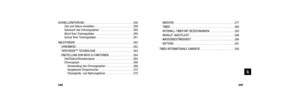 Page 128SCHNELLEINFÜHRUNG . . . . . . . . . . . . . . . . . . . . . . . . . . . . . . . . 258Zeit und Datum einstellen. . . . . . . . . . . . . . . . . . . . . . . . . . 259
Gebrauch des Chronographen . . . . . . . . . . . . . . . . . . . . . . 260
Abruf Ihrer Trainingsdaten  . . . . . . . . . . . . . . . . . . . . . . . . . 260
Schutz Ihrer Trainingsdaten  . . . . . . . . . . . . . . . . . . . . . . . . 261
ANLEITUNGEN . . . . . . . . . . . . . . . . . . . . . . . . . . . . . . . . . . . . \
. . . 262 UHRENMODI...