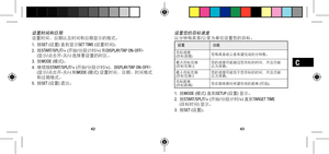 Page 244243
C
设置时间和日期设置时间、日期以及时间和日期显示的格式。
1.   按SET (设置) 直到显示SET TIME (设置时间)。
2.   按START/SPLIT/+ (开始/分段计时/+) 和DISPLAY/TAP ON-OFF/-  
(显示/点击开-关/-) 选择要设置的时区。
3.   按MODE (模式)。
4.   继续按START/SPLIT/+ (开始/分段计时/+)、DISPLAY/TAP ON-OFF/-  
(显示/点击开-关/-) 和MODE (模式) 设置时间、日期、时间格式
和日期格式。
5.   按SET (设置) 退出。设置您的目标速度以分钟每英里/公里为单位设置您的目标。设置 功能
目标速度
(目标速度)  您每英里或公里希望完成的分钟数。
最大目标范围
(目标范围+)  您的速度可能超过您目标的时间，并且仍被
认为准确。
最小目标范围
(目标范围-)  您的速度可能低于您目标的时间，并且仍被
认为准确。
目标距离 
(目标距离)  您在锻炼期间希望包括的距离 (可选)。
1.  
按MODE (模式) 直到SETUP (设置) 显示。
2....