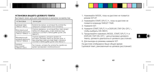 Page 346263
R
установка в аше\fо целево\fо темпа
Выставьте.свою.цель.для.тренировок.в.минутах.на.милю/км. .
УСТ\fНОВК\fФУНКЦИЯ
Целевой.темп.
(TARGET.PACE). Количество.минут,.за.которые.Вы.хотели.бы.
завершить.каждую.милю.или.километр.
Максимальный.
целевой.диапазон
(TARGET.RANGE.+) Отрезок.времени,.на.который.Ваш.темп.может.
превысить.Вашу.цель,.и.при.этом.все.еще.
считаться.СООТВЕТСТВУЮЩИМ.ЦЕЛИ.(ON.
TARGET).
Минимальный.
целевой.диапазон
(TARGET.RANGE.-) Отрезок.времени,.которого.может.не....