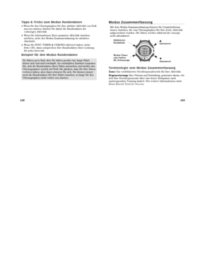 Page 103123
122
M o d u s   Z u s a m m e n f a s s u n g
Mit dem Modus Zusammenfassung können Sie Gesamt informa  -
tionen einsehen, die vom Chronographen für Ihre letzte Aktivität
aufgezeichnet wurden. Die Daten werden während der Anzeige
nicht aktualisiert.
Te r m i n o l o g i e   z u m   M o d u s   Z u s a m m e n f a s s u n g
Zone: Ein vordefinierter Herzfrequenzbereich für Ihre Aktivität.
Regenerierung: Ihre Fitness und Ermüdung, gemessen daran, wie
sich Ihre Herzfrequenzrate über eine kurze Zeitspanne...