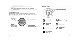 Page 71011
D i s p l a y   i c o n s3. Press SELECT (SET\bFORMAT) to move to the next 
value to set.
4. Repeat steps 3 and 4 for all the values that need adjustment.
5. Press  DONE (MODE) to save your changes and complete the setting
process.
V i e w i n g   b u t t o n s
Watch buttons can help you navigate through viewing options.
Seeing the  and  triangles on the edge of the display lets you
know there is information to view. 
MODE
Press to go to
the next mode INDIGLO®
nightlight
Press to light 
the watch...