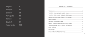 Page 241
English 1
Français  17
Español  35
Português  53
Italiano  71
Deutsch  91
Nederlands  109Table of Contents
Welcome ........................................................................\
................ 2
TIMEX® Connected Mobile App ........................................... 2
TIMEX® IRONMAN® Classic 50 Move+............................... 3
Get to Know Your Classic 50 Move+ ................................. 4
Get Started ........................................................................\...
