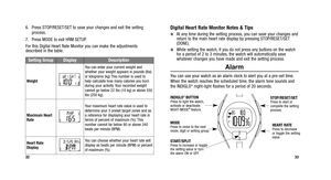 Page 19
Digital Heart Rate Monitor Notes & Tips
At any time during the setting process, you can save your changes and
return to the main heart rate display by pressing STOP/RESET/SET
(DONE).
While setting the watch, if you do not press any buttons on the watch
for a period of 2 to 3 minutes, the watch will automatically save
whatever changes you have made and exit the setting process.
Alarm
You can use your watch as an alarm clock to alert you at a pre-set time.
When the watch reaches the scheduled time, the...