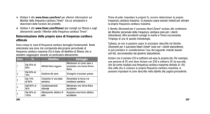 Page 182
Prima di poter impostare la propria %, occorre determinare la propria
frequenza cardiaca massima. Si possono usare svariati metodi per stimare
la propria frequenza cardiaca massima.
Il libretto 
Strumenti per il successo Heart Zones®accluso alla confezione
del Monitor personale della frequenza cardiaca (solo per i clienti
statunitensi) offre eccellenti consigli in merito e Timex raccomanda
l’impiego di una di queste metodologie.
Tuttavia, se non si possono usare le procedure descritte nel libretto...