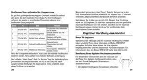 Page 209
Wenn jedoch keines der in Heart Zones®Tools for Success(nur in den
USA) beschriebenen Verfahren anwendbar ist, könnten Sie u. U. das weit
verbreitete, jedoch umstrittene altersbasierte Verfahren anwenden.
Subtrahieren Sie Ihr Alter von der Zahl 220. Beispiel: Eine 35-Jährige
würde mit 220 beginnen, 35 (das Alter) subtrahieren und eine geschätzte
maximale Herzfrequenz von 185 erhalten. Nachdem Sie Ihre maximale
Herzfrequenz wissen, können Sie die auf der vorstehenden Seite
beschriebenen Zonen...