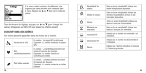 Page 213839
Si le menu contient une barre de défilement, plus 
d’options que celles affichées sont contenues dans 
le menu. Appuyez sur  ou  pour voir le reste des 
options.
Dans les écrans de réglage, appuyez sur  ou  pour changer les 
valeurs	 et	appuyez	 sur	SELECT	 pour	passer	 au	champ	 suivant. 	
DESCRIPTIONS DES ICôNES
Ces icônes peuvent apparaître dans les écrans de la montre.
Recherche de GPS En continu : Un signal GPS a été trouvé.  
Clignotant	
:	 La	 montre	 recherche	 un	signal	
GPS. 
gÉtat...