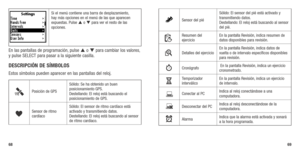 Page 36Si el menú contiene una barra de desplazamiento, 
hay más opciones en el menú de las que aparecen 
expuestas. Pulse  o  para ver el resto de las 
opciones.
En las pantallas de programación, pulse  o  para cambiar los valores, 
y	pulse	 SELECT	 para	pasar	 a	la	 siguiente	 casilla.	
DESCRIPCIÓN DE SíMBOLOS
Estos símbolos pueden aparecer en las pantallas del reloj.
Posición de GPS  Sólido: Se ha obtenido un buen 
posicionamiento GPS.  
Destellando: El reloj está buscando el 
posicionamiento de GPS....