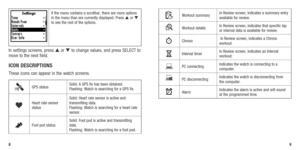 Page 6If the menu contains a scrollbar, there are more options 
in the menu than are currently displayed. Press  or  
to see the rest of the options.
In settings screens, press  or  to change values, and press SELECT to 
move to the next field. 
ICON DESCRIPTIONS
These icons can appear in the watch screens.
GPS status Solid: A GPS fix has been obtained. 
 
Flashing: Watch is searching for a GPS fix. 
gHeart rate sensor 
status  Solid: Heart rate sensor is active and 
transmitting data.
 
Flashing: Watch is...