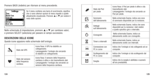 Page 64124125
Premere	BACK	(indietro)	 per	ritornare	 al	menu	 precedente. 	
Se il menu contiene una barra di scorrimento, significa 
che ci sono ulteriori opzioni di menu rispetto a quelle 
attualmente visualizzate. Premere  o  per vedere il 
resto delle opzioni.
Nelle schermate di impostazione, premere  o  per cambiare valori,  
e	 premere	 SELECT	(seleziona)	 per	passare	 al	campo	 successivo. 	
DESCRIzIONI DELLE ICONE
Queste	icone	appaiono	 nelle	schermate	 dell’orologio.
Stato del GPS Icona fissa: il...