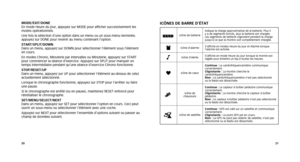 Page 122021
ICôNES DE BarrE D’éTaT
Icône de batterieIndique la charge approximative de la batterie. Plus il 
y a de segments foncés, plus la batterie est chargée. 
Les segments de batterie clignotent pendant la charge 
jusqu’à	ce	que	la	montre	soit	complètement	chargée.
dIcône	d’alarme
S’affiche	en	modes	Heure	du	jour	et	Alarme	lorsque	
l’alarme	est	activée.
NIcône	d’alerteS’affiche	en	mode	Heure	du	jour	lorsque	la	montre	est	
réglée	pour	émettre	un	bip	à	toutes	les	heures.
gIcône de cœur Continue : Le...