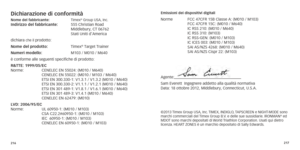 Page 111216217
Dichiarazione di conformitàNome del fabbricante: Timex® Group USA, Inc.
 Indirizzo del fabbricante: 555 Christian Road   Middlebury, CT 06762
 
 Stati Uniti d’America
dichiara
 che il prodotto:
Nome del prodotto:   Timex® Target Trainer
Numeri modello: 
 
M103 / M010 / M640
è conforme alle seguenti specifiche di prodotto:
r

&TTE: 1999/05/EC 
Norme:	 CENELEC
	
EN
	
55024:
	
(M010 	 / 	 M640) 
	 CENELEC
	
EN
	
55022:
	
(M010 	 / 	 M103 	 / 	 M640) 
	 ETSI
	
EN
	
300.330-1:
	
V1.3.1 	 / 	 V1.3.2...