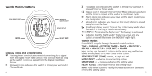 Page 545
Watch Modes/buttons
STar
T/ SP l IT
SToP /r ESET / SET
M

o DE INDIG
lo® NIG
h
T-
l
IG h T
h
E
ar
T
 ra
TE
Display Icons and Descriptions
y   Flashing heart icon indicates watch is searching for a signal 
from the Digital Heart Rate Sensor . This icon will flash as long 
as the 
 
watch receives a signal from the Digital Heart Rate 
  
Sensor.
w   Stopwatch icon indicates the watch is timing your workout in 
Chrono Mode .
H   Hourglass icon indicates the watch is timing your workout in 
Interval Timer...