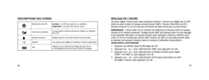 Page 152627
dEScRIPTIOnS dES IcÔnES
Recherche de GPS
continu : Le GPS est calé sur un satellite. 
clignotant : Le point GPS est en cours. 
Force de connexion Un plus grand nombre de barres indique un satellite 
plus fort.
Bip des boutons Indique que les sons des boutons sont activés.
qAlarmeUne alarme est réglée et retentira à l’heure spécifi que.
Pile Indique ce qui reste de la charge de pile. Plus il 
y a de segments foncés, plus la pile est chargée.
RéGLAGE dE L’hEuREOn peut régler l’heure pour deux fuseaux...