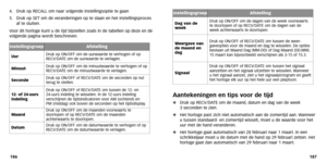 Page 68
187
186
Aantekeningen en tips voor de tijd
 Druk op RECV/D ATE om de maand, datum en dag van de week 
3 seconden te zien.
 Het horloge past zich niet automatisch aan de zomertijd aan. Wanneer
u tussen standaard- en zomertijd wisselt, moet u de waarde voor het
uur met de hand ver anderen.
 Het horloge gaat automatisch van 28 februari naar 1 maart. In een
schrikkeljaar moet u de datum met de hand op 29 februari zetten. Het
horloge gaat dan automatisch van 29 februari naar 1 maart.
4.
Druk op RECALL om...