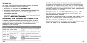 Page 77
147
146 Bevor Ihre %MAX eingestellt werden kann,
muss zuvor die maximale
Herzfrequenz bestimmt werden. Hierzu stehen Ihnen mehrere Methoden
zur  Verfügung .Der Leitfaden 
“Heart Zones®Tools F or Success”
liegt der
V erpackung Ihres persönlichen Herzfrequenzmonitors bei (nur in den US\
A)
und bietet ausgezeichnete  Anleitungen für diesen Zweck. Timex empfiehlt,
eines dieser  Verfahren zu verwenden.
W enn jedoch keines der in  Heart Zones®Tools for Success  (nur in den
USA) beschriebenen  Verfahren...