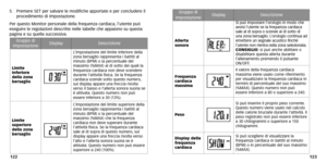 Page 94123
122
5.
Premere SET per salvare le modifiche apportate e per concludere il procedimento di impostazione .
Per questo Monitor personale della frequenza cardiaca, l’utente può
eseguire le regolazioni descritte nelle tabelle che appaiono su questa pagina e su quella successiva.
Gruppo di
impostazioneDisplayDescrizione
Allerta sonora
Si può impostare l’orologio in modo che avvisi l’utente se la frequenza cardiacasale al di sopr a o scende al di sotto di
una zona bersaglio . L’orologio continua ad
emettere...