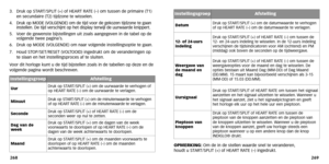 Page 74
OPMERKING:Om de in de stellen waarde snel te ver anderen,
houdt u ST ART/SPLIT (+) of HEART RA TE (–) ingedrukt.
269
3.
Druk op ST ART/SPLIT (+) of HEART RA TE (–) om tussen de primaire (T1)
en secundaire (T2) tijdzone te wisselen.
4. Druk op MODE (VOLGENDE) om de tijd voor de gekozen tijdzone te gaan
instellen. De tijd verschijnt op het display terwijl de uurwaarde knippert.
5. Voer de gewenste bijstellingen uit zoals aangegeven in de tabel op de
volgende twee pagina’ s.
6. Druk op MODE (VOLGENDE) om...