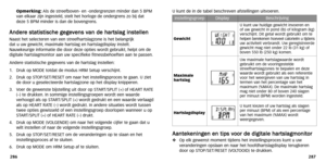 Page 83
U kunt de in de tabel beschreven afstellingen uitvoeren.
A
Aa
an
n t
te
e k
ke
e n
ni
in
n g
ge
e n
n  
 e
e n
n  
 t
t i
ip
p s
s 
 v
v o
o o
or
r 
 d
d e
e 
 d
d i
ig
g i
it
t a
a l
le
e  
 h
h a
ar
rt
ts
s l
la
a g
gm
m o
on
n i
it
t o
o r
r
Op elk gewenst moment tijdens het instellingsproces kunt u uw
ver anderingen opslaan en naar het hoofdhartslagdisplay terugkeren
door op ST OP/SET/RESET (VOL TOOID) te drukken.
Opmerking
:Als de streefboven- en -ondergrenzen minder dan 5 BPM
van elkaar zijn...