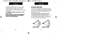 Page 135ELAPSED TIME RINGIf your watch is equipped with a rotatable outer ring
on the face, with numbers corresponding to minutes,
you can use this Elapsed Time Ring to time an activity
from the start, or to mark the ending time for the
duration of an activity.
TO TIME AN ACTIVITY FROM THE START:Set the Start/Stop triangle at the time (hour or
minute) when you start the activity (As shown on the
left in the illustration shown below). At completion,
you can see how long the activity took.
15
ENGLISH
postage and...