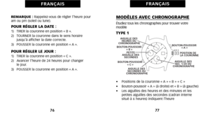 Page 42MODÈLES AVEC CHRONOGRAPHEÉtudiez tous les chronographes pour trouver votre
 modèle
TYPE 1
•     Positions de la couronne « A » « B » « C »
•     Boutonpoussoir « A » (à droite) et « B » (à gauche)
•     Les aiguilles des heures et des minutes et les
petites aiguilles des secondes (cadran interne
situé à 6 heures) indiquent l’heure
77
F R A N Ç A I S
  C 
B 
  A BOUTON-POUSSOIR 
« A »
AIGUILLE DES  
SECONDES DU  
CHRONOGRAPHE   
PETITE  
AIGUILLE DES   SECONDES  POSITION DE  
LA COURONNE 
BOUTON-POUSSOIR...