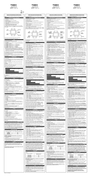Page 3THANK YOU FOR PURCHASING YOUR TIMEX® WATCH. 
Please read instructions carefully to understand how to operate your Tim\
ex
® 
watch.
FEATURES AND BASIC OPERATION• Time with 12- or 24-hour format
•  Date with MM-DD or DD.MM format
•
 
3 time zones
•

 
Alerts with audible tone and/or silent vibration
•

 
Optional hourly chime
•

 
100-hour chronograph with display of lap and split times
•

 
24-hour countdown timer (count down and stop or repeat)
•

 
Hydration timer
•

 
3 daily/weekday/weekend alarms...