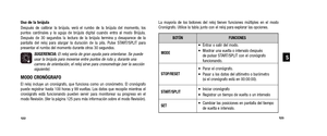 Page 64La mayoría de los botones del reloj tienen funciones múltiples en \
el modo
Cronógrafo. Utilice la tabla junto con el reloj para explorar las opciones.
Uso de la brújula
Después de calibrar la brújula, verá el rumbo de la brújula del momento, los
 puntos cardinales y la aguja de brújula digital cuando entra al modo Brújula.
Después de 30 segundos la lectura de la brújula termina y desaparece de la
 pantalla del reloj para alargar la duración de la pila. Pulse START/SPLIT para
 presentar el rumbo del...