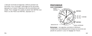 Page 101196197
L’altitude minimale enregistrée s’affiche pendant dix 
secondes. Pour prolonger l’affichage de dix secondes, 
appuyez sur B avant l’expiration des dix premières sec-
ondes. Pour changer les unités et passer des MÈTRES aux 
PIEDS ou des PIEDS aux MÈTRES, appuyez sur C.PROFONDEURVUE D’ENSEMBLE
Remarque : Les aiguilles centrale et inférieure 
s’étalonnent automatiquement lorsque la couronne est 
placée en position 3 pour le réglage de l’heure.
3
AA
B
123
2
323
AIGUILLE 
CENTRALE
INDICATEUR OFF
BOUTON...