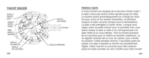 Page 104202203
YACHT RACER
AIGUILLE  
DES HEURES
AIGUILLE  
DES SECONDES
4ÈME  
AIGUILLE 
CENTRALE
COURONNE
AIGUILLE 
SUPÉR­
IEUR(E)
ÉCHELLE 
PERFECT 
DATE
™
AIGUILLE INFÉRIEURE
AIGUILLE  
DES MINUTES
2
3
1
A
BC
PERFECT DATE
Si votre montre est équipée de la fonction Perfect Date™, 
la date n’aura pas besoin d’être ajustée jusqu’en 2060. 
La montre prend automatiquement en compte les mois 
les plus courts et les années bissextiles, et affichera 
toujours la date correcte lorsque vous le demanderez. 
La date a...