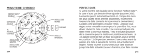Page 110214215
MINUTERIE CHRONO
AIGUILLE DES 
SECONDES
4E
AIGUILLE 
CENTRALE
SUPÉRIEURE
AIGUILLE
PERFECT DATE
™ÉCHELLE
AIGUILLE DES 
MINUTES
AIGUILLE DES 
HEURES
COURONNE
AIGUILLE 
INFÉRIEURE
2
3
1
A
BC
PERFECT DATE
Si votre montre est équipée de la fonction Perfect Date™, 
la date n’aura pas besoin d’être ajustée jusqu’en 2060. 
La montre prend automatiquement en compte les mois 
les plus courts et les années bissextiles, et affichera 
toujours la date correcte lorsque vous le demanderez. 
La date a été...