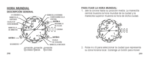 Page 152298299
HORA MUNDIAL DESCRIPCIÓN GENERAL
A
BC
12
3
corrected 3.3.11 with Paulo’s new cities
24 CIUDADES
ESCALA DE 
HORA MUNDIAL
SEGUNDERO VENTANILLA  
DE FECHA
CORONA
MANECILLA INFERIOR BOTÓN A 
BOTÓN B 
BOTÓN C CUARTA MANECILLA 
CENTRAL
ESCALA  
DE ESTACIÓN
MANECILLA 
SUPERIOR
MANECILLA HORARIA
MANECILLA 
DE MINUTOS
POSICIÓN 
CERRADA  POSICIÓN 
MEDIA  POSICIÓN 
EXTERNA 
PARA FIJAR LA HORA MUNDIAL:
1. 
Jale la corona hasta su posición media. La manecilla 
central muestra la hora mundial de la ciudad y la...