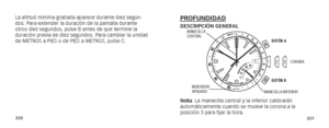 Page 168330331
PROFUNDIDADDESCRIPCIÓN GENERAL
Nota: La manecilla central y la inferior calibrarán 
automáticamente cuando se mueve la corona a la 
posición 3 para fijar la hora.
3
AA
B
123
2
323
MANECILLA 
CENTRAL
INDICADOR 
APAGADO
BOTÓN A
BOTÓN B
MANECILLA INFERIOR
CORONA
La altitud mínima grabada aparece durante diez segun-
dos. Para extender la duración de la pantalla durante 
otros diez segundos, pulse B antes de que termine la 
duración previa de diez segundos. Para cambiar la unidad 
de METROS a PIES o de...