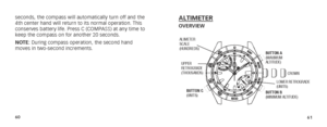 Page 336061
seconds, the compass will automatically turn off and the 
4th center hand will return to its normal operation. This 
conserves battery life. Press C (COMPASS) at any time to 
keep the compass on for another 20 seconds.
NOTE: During compass operation, the second hand 
moves in two-second increments. ALTIMETEROVERVIEW
ALIMETER  
SCALE
(HUNDREDS)
UPPER  
RETROGRADE
(THOUSANDS)
BUTTON C
(UNITS)BUTTON A
(MAXIMUM 
 
ALTITUDE)
BUTTON B
(MINIMUM ALTITUDE) LOWER RETROGRADE 
(UNITS)
CROWN    