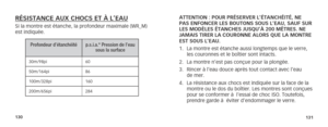 Page 68130131
ATTENTION : POUR PRÉSERVER L’ÉTANCHÉITÉ, NE 
PAS ENFONCER LES BOUTONS SOUS L’EAU, SAUF SUR 
LES MODÈLES ÉTANCHES JUSQU’À 200 MÈTRES. NE 
JAMAIS TIRER LA COURONNE ALORS QUE LA MONTRE 
EST SOUS L’EAU.
1. La montre est étanche aussi longtemps que le verre, 
les couronnes et le boîtier sont intacts.
2.  La montre n’est pas conçue pour la plongée.
3.  Rincer à l’eau douce après tout contact avec l’eau  
de mer.
4.  La résistance aux chocs est indiquée sur la face de la 
montre ou le dos du boîtier. Les...