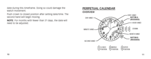 Page 81011
date during this timeframe. Doing so could damage the 
watch movement.
Push crown to closed position after setting date/time. The 
second hand will begin moving.
NOTE: For months with fewer than 31 days, the date will 
need to be adjusted.PERPETUAL CALENDAROVERVIEW
A
B
12
3
1 2
3
HOUR HAND
DAY HAND
DATE HAND
SECOND HAND
MINUTE HAND
CROWN
MONTH HAND
BUTTON A 
(RECESSED)
BUTTON B 
(RECESSED)
CLOSED 
POSITION  MIDDLE 
POSITION  OUTER 
POSITION      