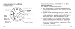 Page 82158159
CHRONOGRAPHE LINÉAIREVUE D’ENSEMBLERÉGLAGE DE L’AIGUILLE LINÉAIRE ET DE LA 4ÈME 
AIGUILLE CENTRALE  
Pour réaligner la 4ème aiguille centrale :  
1. 
Tirez complètement la couronne. L’aiguille inférieure 
se règle automatiquement en allant se placer en bout 
de trajectoire. 
2.  La 4ème aiguille centrale doit indiquer 12 heures. Si ça 
n’est pas le cas au bout de 5 secondes, appuyez sur 
A pour faire avancer l’aiguille respectivement dans le 
sens horaire jusqu’à ce qu’elle indique 12 heures.
3....