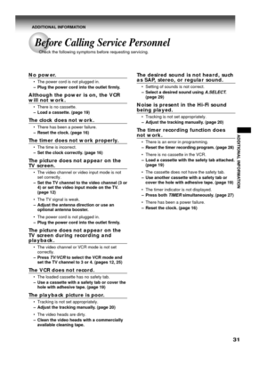 Page 3131
ADDITIONAL INFORMATION
No power.
• The power cord is not plugged in.
– Plug the power cord into the outlet firmly.
Although the power is on, the VCRwill not work.
• There is no cassette.
– Load a cassette. (page 19)
The clock does not work.
• There has been a power failure.
– Reset the clock. (page 16)
The timer does not work properly.
• The time is incorrect.
– Set the clock correctly. (page 16)
The picture does not appear on theTV screen.
• The video channel or video input mode is not
set...