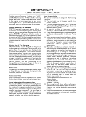 Page 3435
ADDITIONAL INFORMATION
LIMITED WARRANTY
TOSHIBA VIDEO CASSETTE RECORDER
Toshiba America Consumer Products, Inc. (“TACP”)
and Toshiba Hawaii Inc. (“THI”) make the following
limited warranties. These limited warranties extend
to the original consumer purchaser or any person
receiving this set as a gift from the original consumer
purchaser and to no other purchaser or transferee.
Limited Ninety (90) Day Warranty
TACP/THI warrant this product against defects in
materials or workmanship for a period of...